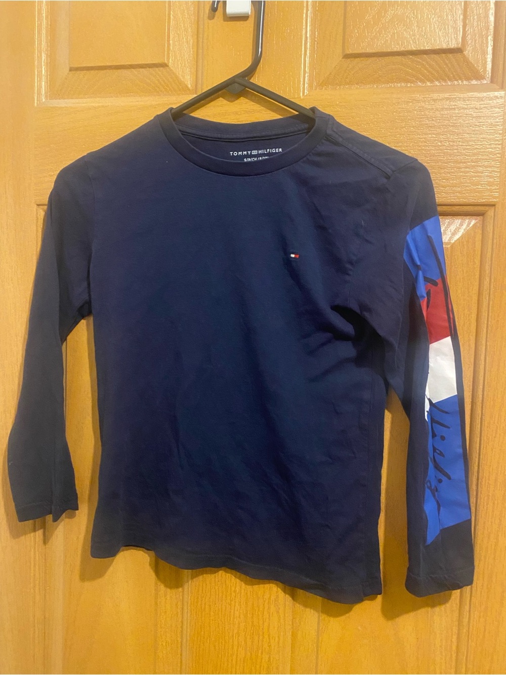 Tommy Hilfiger Navy Long-Sleeve Tee with Red White Blue Sleeve Graphic